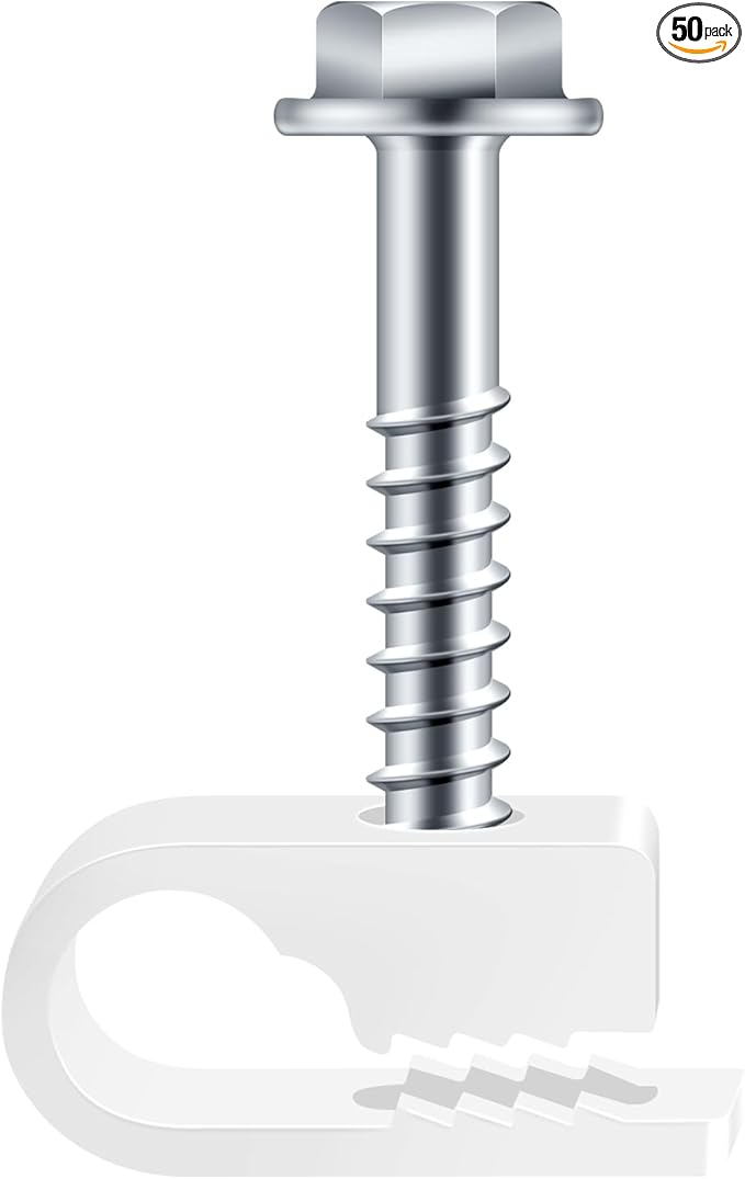 White Cable Clips with Inserted Screws, Flexible Single Cable Screw Clips, Electrical Wire Fastener, 50 PCS