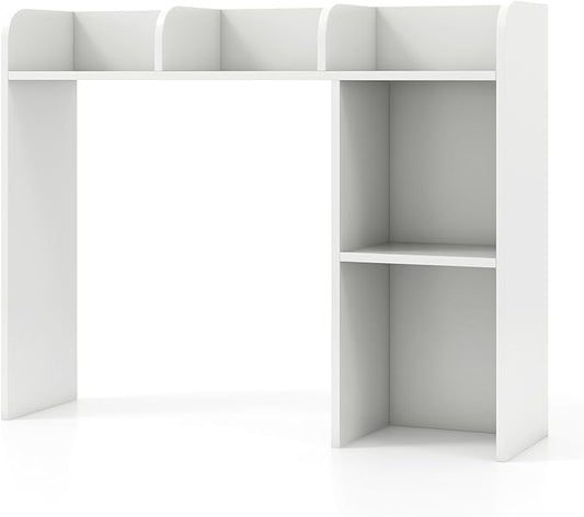 Desk Hutch, Desktop Shelf with 5 Shelves, Desk Bookshelf w/Anti-Toppling Devices, Wood Table Top Bookshelf Organizer, Small Desk Shelf for Study, Office, Dorm (White, 5 Shelves)