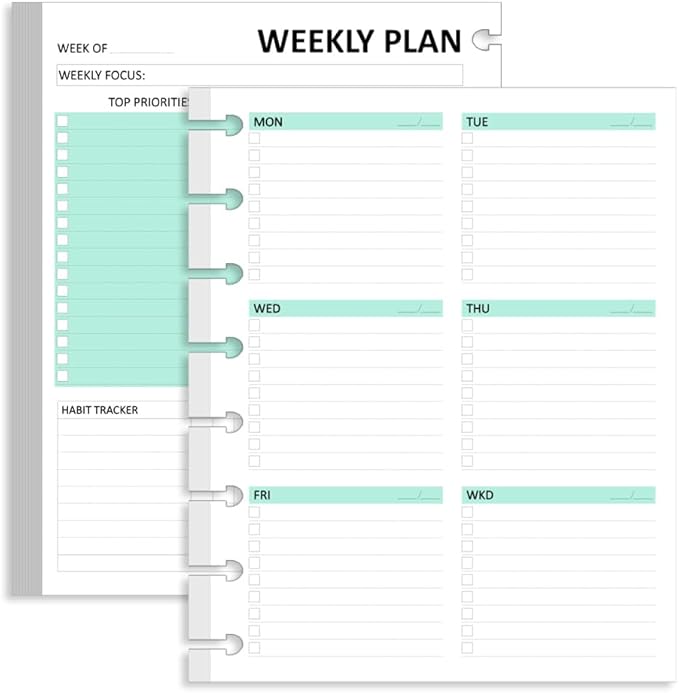 Undated Weekly Planner Refills for A5 Planner Binders - 53 Sheets/106 Pages Undated Colorful Weekly Planner, 8 Discbound, TUL Planner Refills, Weekly Plan (Left), Daily Details (Right), Lasts 1 Year, 5.8" x 8.25"