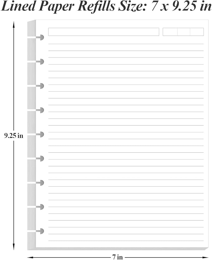 9-Disc Discbound Lined Refill Paper, Classic Size Pre-punched Happy Planners Inserts, 100Sheets/200Pages Loose-Leaf Paper, 100gsm White Paper, 7" x 9.25"