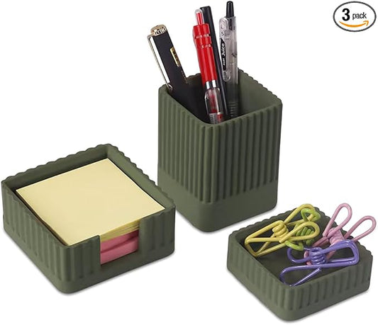 Aesthetic Concrete Desk Organizer Set of 3 - Stylish & Durable Office Accessories - Includes Pen Holder, Paperclip Storage, and Sticky Note Holder for a Clean, Modern Workspace (Green)