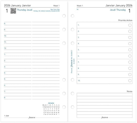 Filofax Calendar Diary Refill, Personal/Compact Size, Day on Two Pages with Appointments, White Paper, Bilingual, 2026 (C68417-26)