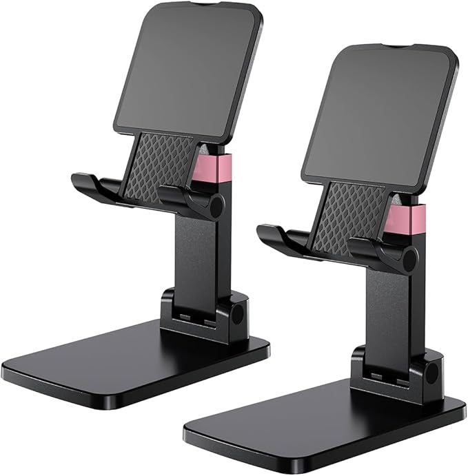 Phone Holder for Desk Cell Phone Holder Height Angle Adjustable Stands, Anti-Slip Base, Compact Design for iPhone Android Devices,Black,2Pack
