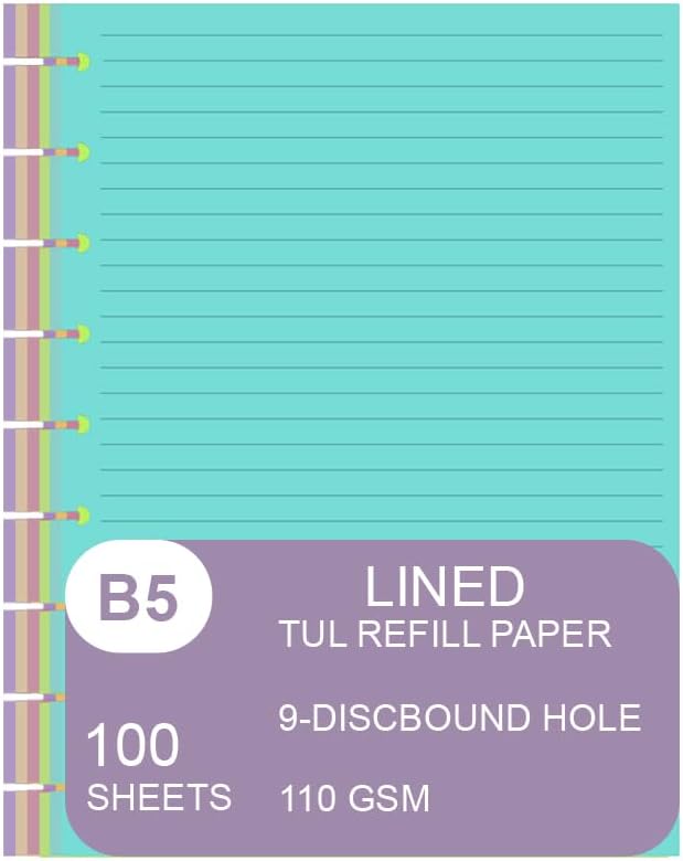 9 Discbound Lined Colorful Refills Paper, 100 Sheets (200 Pages), 9 Disc Pre-Punched Happy Planner Inserts, Loose Leaf, 5-Color Refills Paper, Classic Size, 7 x 9.25 Inch