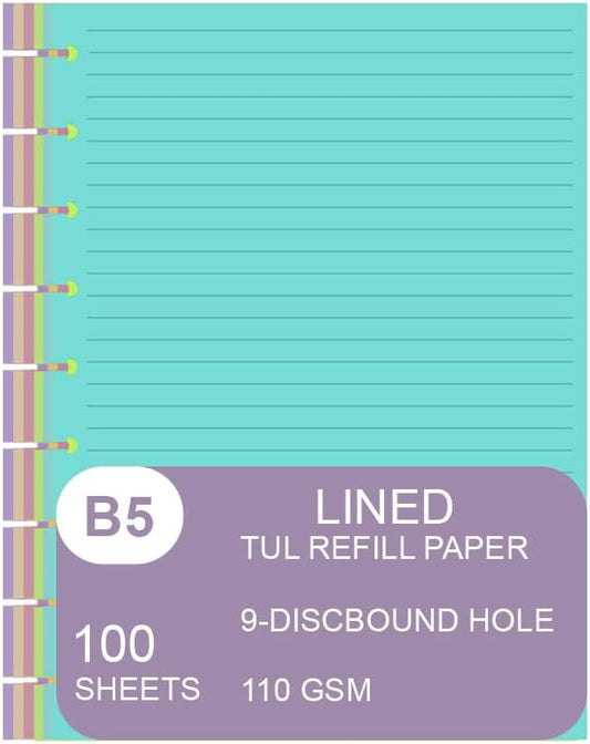 9 Discbound Lined Colorful Refills Paper, 100 Sheets (200 Pages), 9 Disc Pre-Punched Happy Planner Inserts, Loose Leaf, 5-Color Refills Paper, Classic Size, 7 x 9.25 Inch