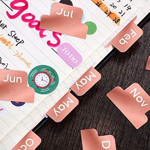 Outus 24 Pieces Monthly Adhesive Tabs for Planner - Designer Accessories Monthly Tabs Stickers Decorative for Office Planners Organizations Sturdy Notebook Planners Journal(Rose Gold)