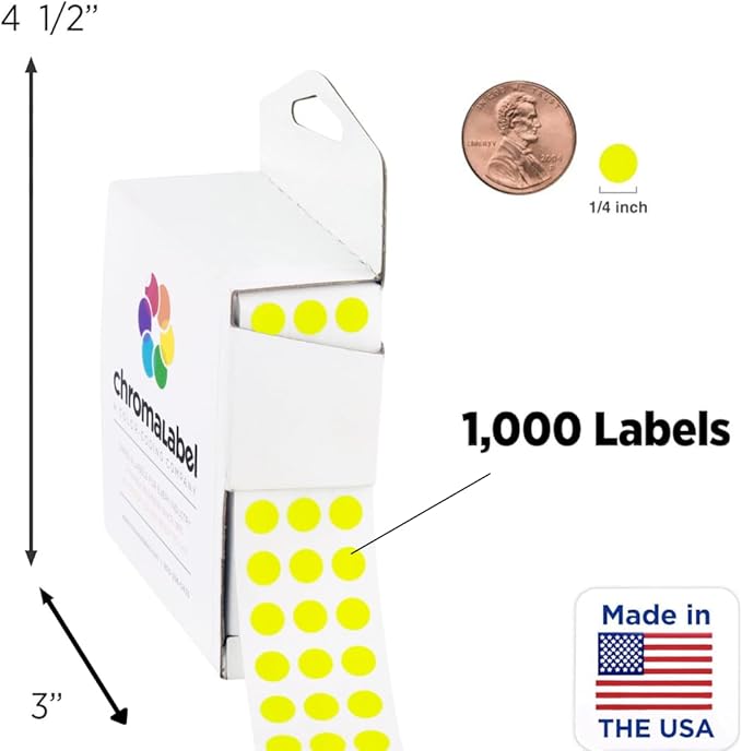 ChromaLabel 1/4 Inch Round Colored Stickers, High Visibility Color Coding Labels, Dot Stickers with Dispenser Box - 1000 Sticky Dots, Fluorescent Yellow Sticker Labels - Case of 5