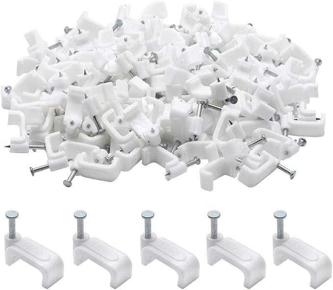 100pcs 14mm Flat Ethernet Cable Wire Clips Single Coaxial Cable Clamps with Nail for Cable Management(White)