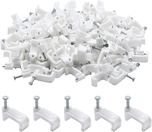 100pcs 14mm Flat Ethernet Cable Wire Clips Single Coaxial Cable Clamps with Nail for Cable Management(White)