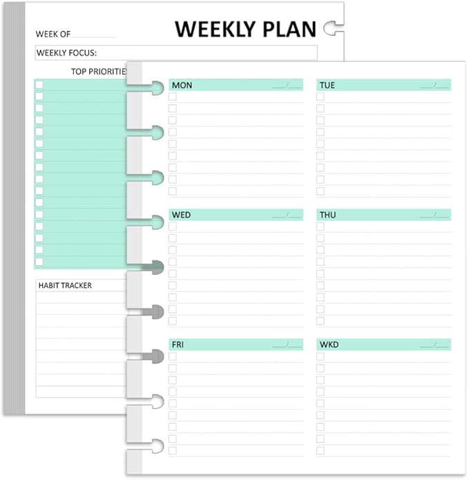 Classic Size Undated Weekly Planner Inserts - 53 Sheets/106 Pages Undated Colorful Weekly Planner, 9 Discbound, TUL Planner Refills,Weekly Plan (Left), Daily Details (Right), Lasts 1 Year, 7" x 9.25"