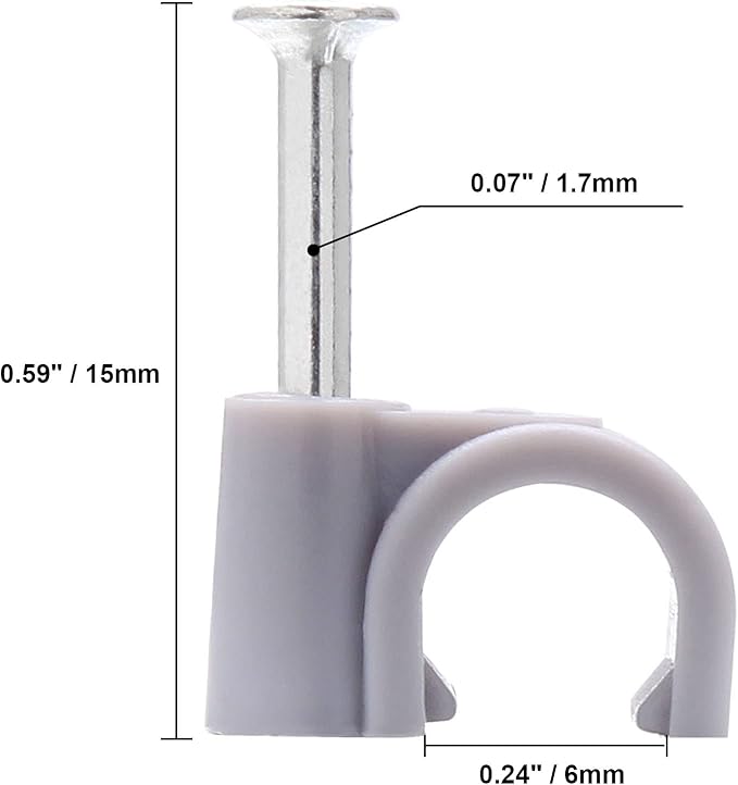 100pcs 1/4" / 6mm Half Clamp J-Hook with Nail, Nail in Cable Clips Ethernet Cable Nails Tacks Clips, Gray