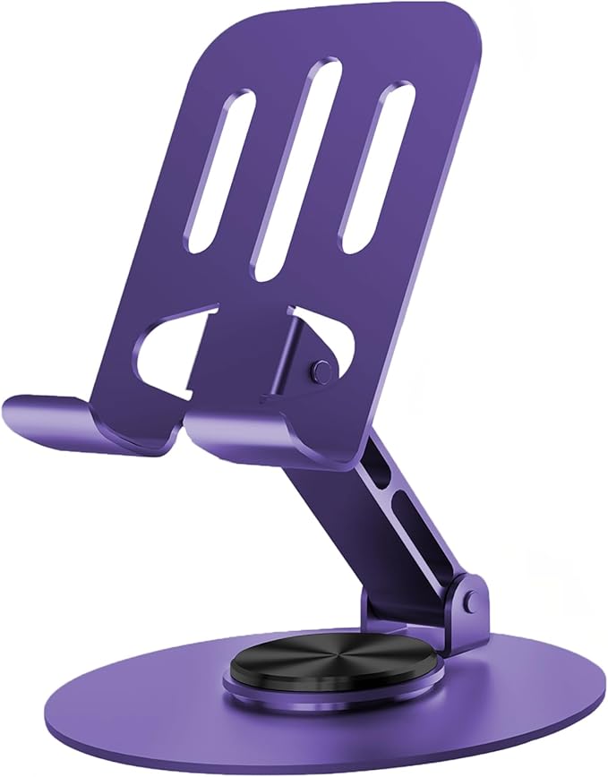 Universal Metal Cell Phone Stand, Multi-Angel Adjustable 360° Rotation Non-Slip Metal Phone Stand Compatible with iPhone 17 16 Pro Max and All Smartphones (Purple)