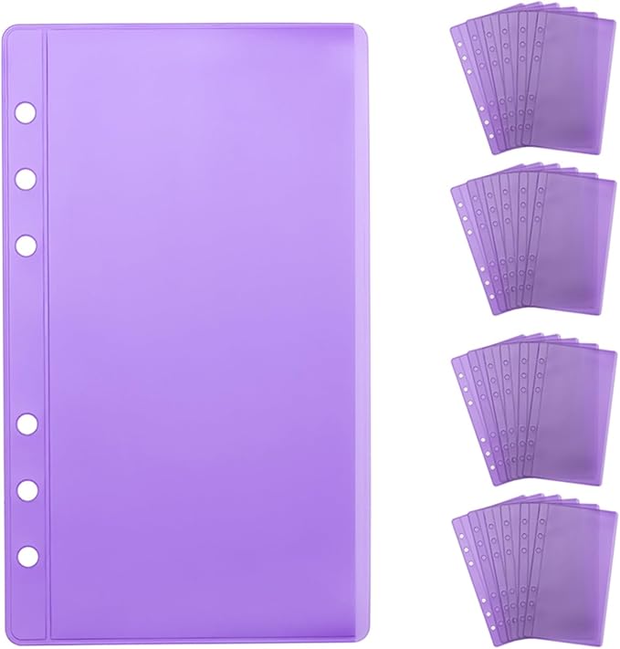 24 A6 Cash Envelopes Purple A6 Binder Pockets Zipless Budget Binder Inserts Sleeves PVC Sheet Protector for 6 Ring A6 Binders Organizer Photos Cards Bills (Purple)