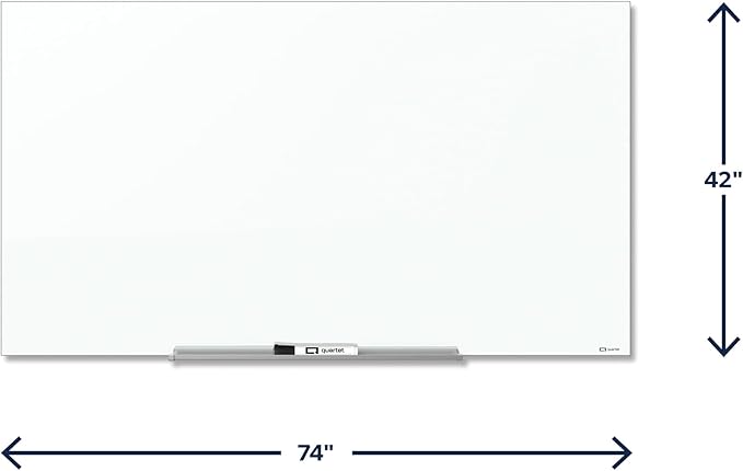 Quartet Dry Erase Board, 74" x 42" Glass Magnetic Whiteboard, Wide Format, Horizontal White Board, InvisaMount, White (G7442IMW)