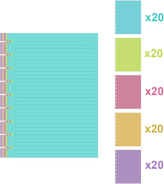 9 Discbound Lined Colorful Refills Paper, 100 Sheets (200 Pages), 9 Disc Pre-Punched Happy Planner Inserts, Loose Leaf, 5-Color Refills Paper, Classic Size, 7 x 9.25 Inch