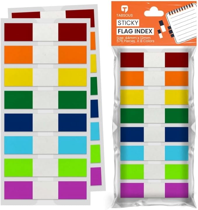 Tabsous 1248 Sticky Tabs - Repositionable, Writable Index Tabs & Page Flags for Books, Files, and Notes - Transparent Colored Markers for Organizing, Highlighting, Classifying Documents (08 Colors)