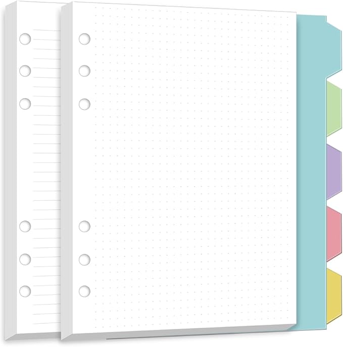 A5 6-Hole Refill Paper, A5 Planner Inserts,100 Sheets Include 80 Lined + 20 Dotted, 5 Colored Index Dividers,Binder Inserts, 100gsm 6 Ring Loose Leaf Paper for Planner, Bullet Journal, Notes,5.8"x8.3"