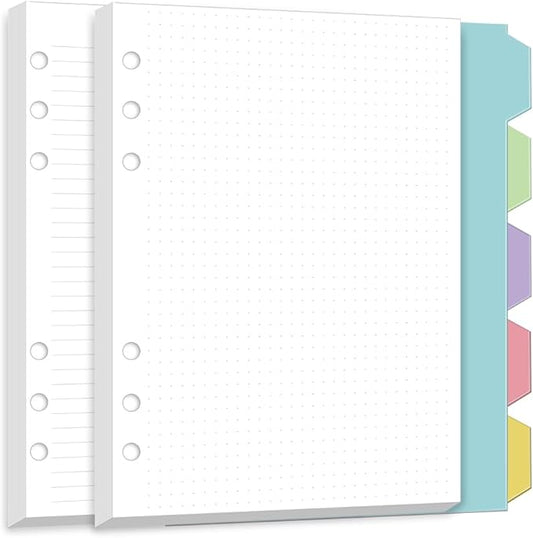 A5 6-Hole Refill Paper, A5 Planner Inserts,100 Sheets Include 80 Lined + 20 Dotted, 5 Colored Index Dividers,Binder Inserts, 100gsm 6 Ring Loose Leaf Paper for Planner, Bullet Journal, Notes,5.8"x8.3"