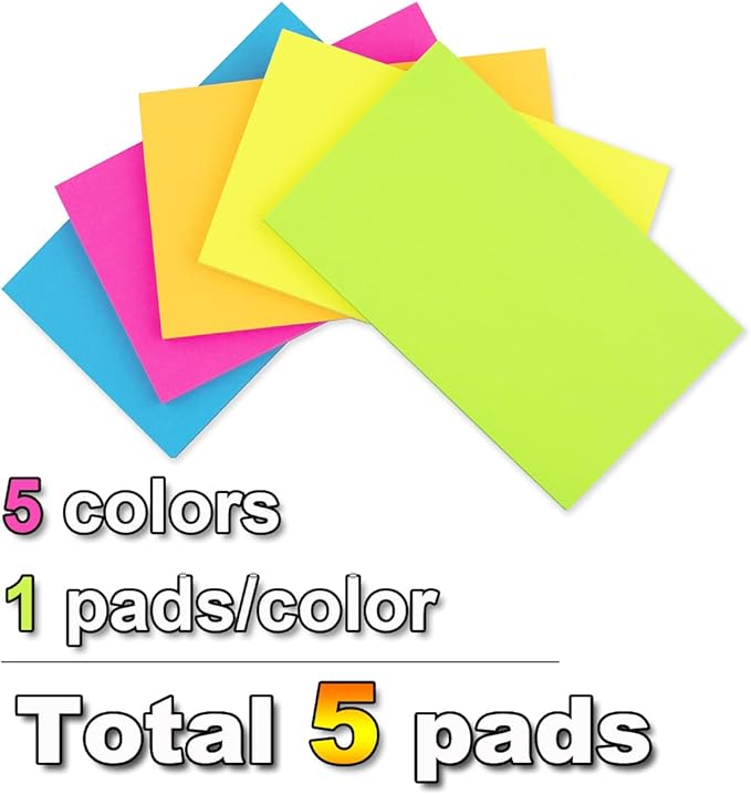 (5 Pads) Sticky Notes 3x5 in,Bright Notepads,Colorful Stickies,Super Sticking Power Memo Note Pads,Strong Adhesive,Post on Windows Doors,Office School,Recyclable,Easy to Write on,Hold Well