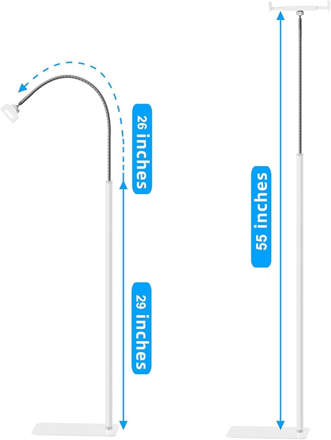 Tablet Floor Stand Holder with Flexible Gooseneck and Stable Base, Compatible with Tablet and Cell Phones (3.5''-9.7''), White
