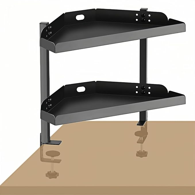 CanKing Clamp Desk Corner Shelf 2 Layer Clip On or Under Table Corner Organizer, Black, 16 inch