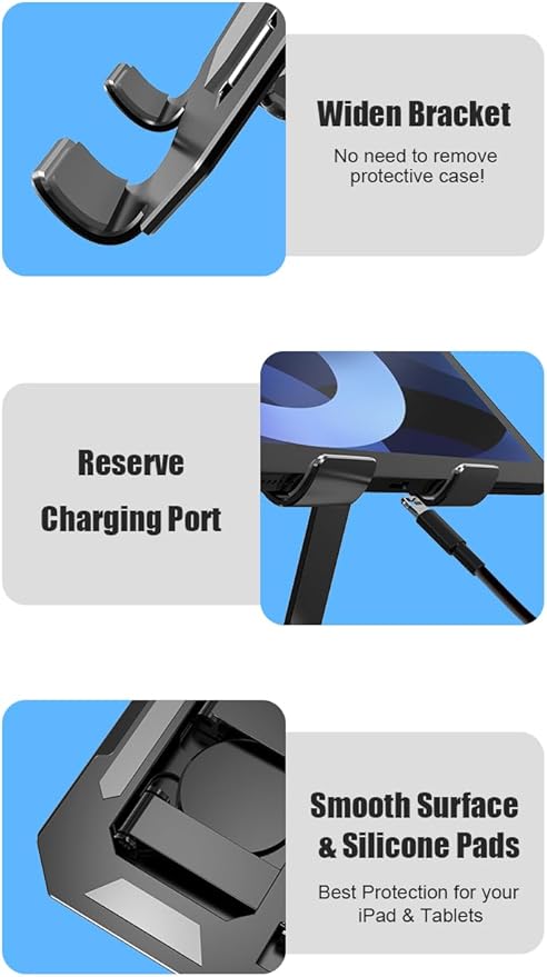 Dual 360° Rotating Tablet Stand Holder for Desk with Carbon Steel Base, Table Tablet Support with Dual Rod Adjustable Compatible for iPad Pro 13 12 11 Air Mini 5 4 3 (Black)