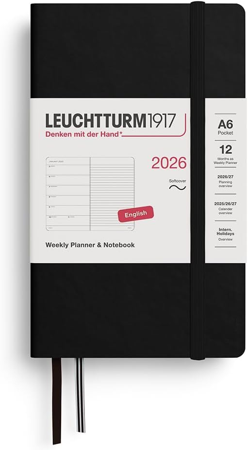 LEUCHTTURM1917 - Weekly Planner & Notebook 2026, Softcover, Pocket (A6), Ruled, Black (Jan 1 - Dec 31, 2026)