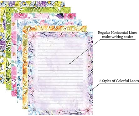 Stationary Writing Paper with Envelopes - Flora Stationery Set with Lined Letter Writing Paper, 48 Sheets + 24 Envelopes, 8.5 x 11 Inch of Each Stationary Paper