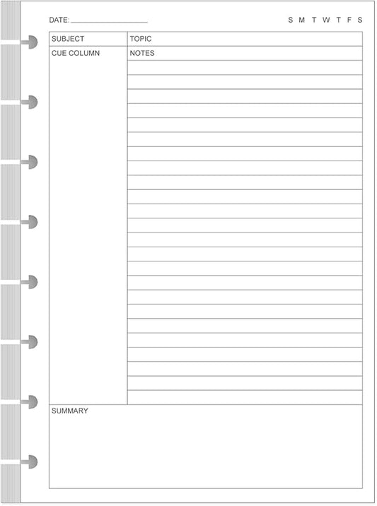 Junior Size Cornell Notes Filler Paper - A5 TUL Custom Note-Taking System 8 Disc Discbound Refill Pages, 50 Sheets/100 Pages, 100 gsm White Paper, 5.8" x 8.3"