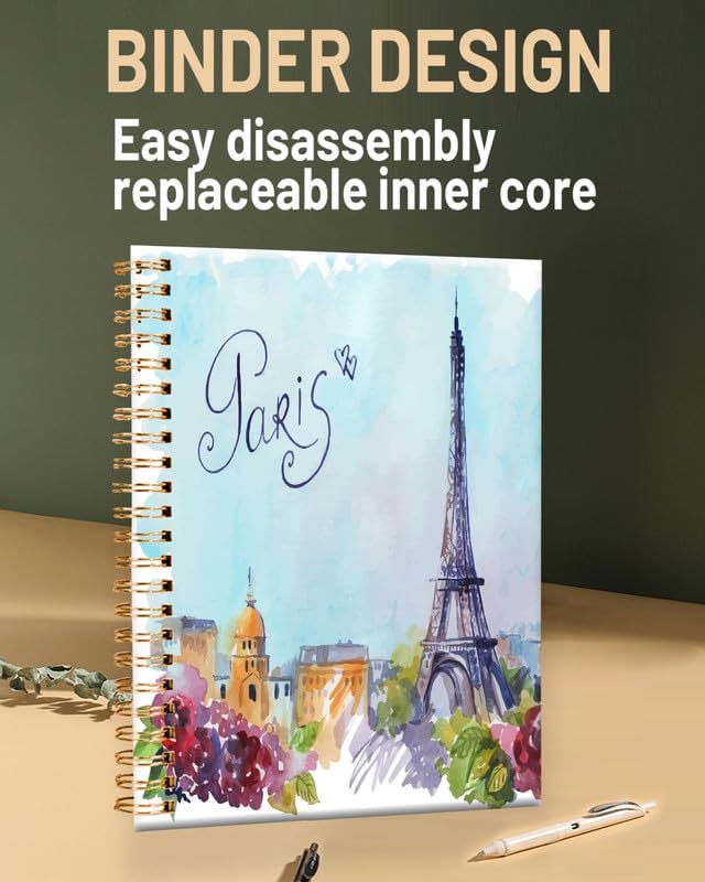 Spiral Journal Notebook for Women,A5 College Ruled Notebooks 6"x 8.4", 120 Pages (60 Sheets) Lined Journal with Premium Thick Paper,Perfect for School Office Home(Watercolor Paris Eiffel Tower)