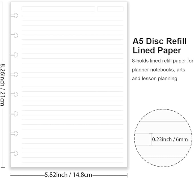 Junior Size Discbound Refill Paper - 8 Discs Discbound Paper, Lined Arc Paper Refill, 100gsm, Disc Paper Refill, White Paper, 500 Sheets/1000 Pages, 5.8 X 8.25 in