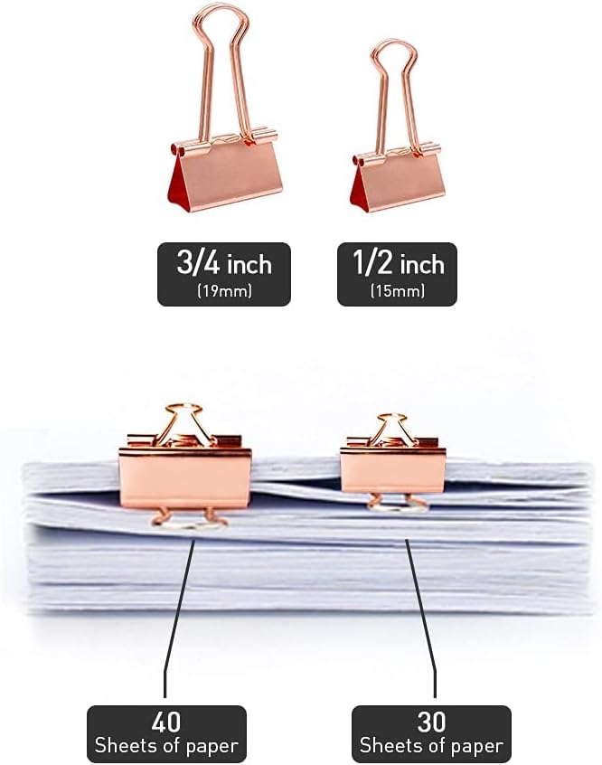 Mini Binder Clips, 120 Pack, 5/8 Inch, Standard 15mm, Rose Gold, Binder Paper Clips, Fold Clamp, Capacity 0.23 Inch, Paper Clips, Office Supplies, with mini stroage Boxes