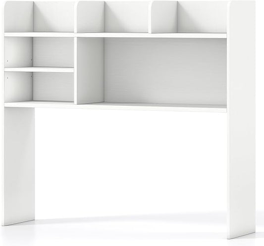 Desk Hutch, Desktop Shelf with 6 Shelves, Desk Bookshelf w/Anti-Toppling Devices, Wood Table Top Bookshelf Organizer, Small Desk Shelf for Study, Office, Dorm (White, 6 Shelves)