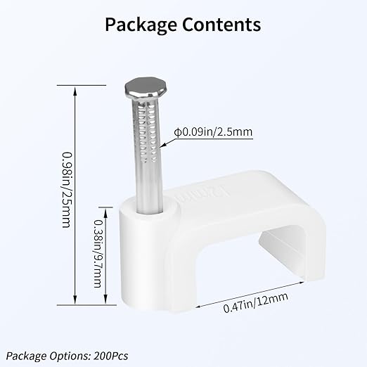 LeMotech Flat Cable Clips, 200pcs 12mm Wire Wall Clips with Steel Nails, Coaxial Nail Clamps for Cable Cord Management CAT7 CAT8 Ethernet Cable Clamps, White