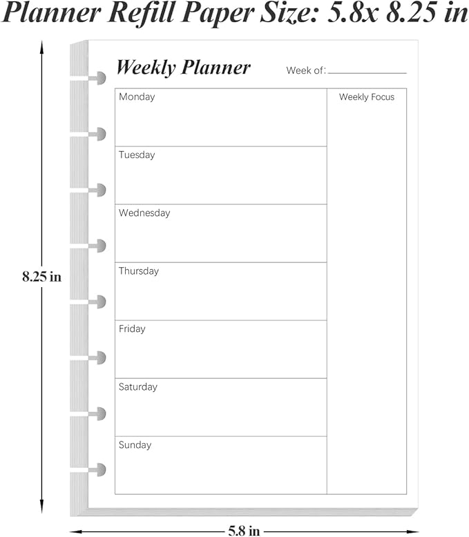 Weekly Planner Undated Refills - Junior Size 53 Sheets/106 Pages Weekly Planner for 8-Disc Discbound, 100 gsm White Paper, Lasts 1 Year, Undated, 5.8" x 8.3", Black