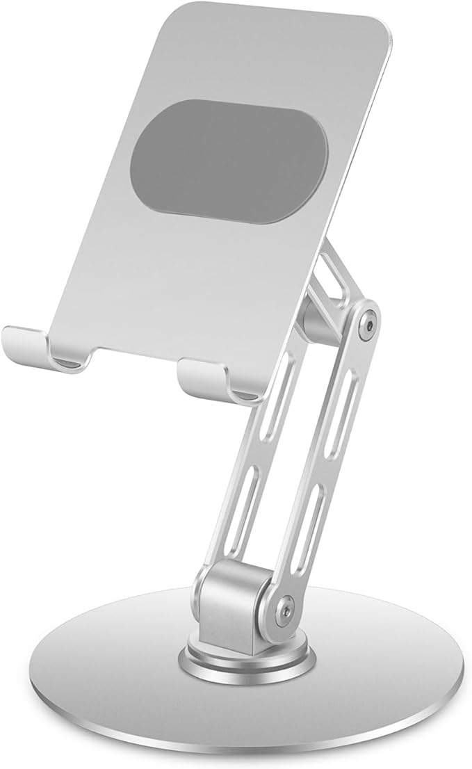 Foldable Desktop Phone Stand for Desk with Adjustable Height up to 6.7inch/17cm Sturdy 360° Rotating Desktop Holder for 4-11 Inch Cell Phones/Tablets, Aluminum Alloy/Carbon Steel Base