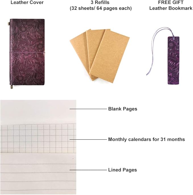 Refillable Leather Journal, Handmade Purple Leather Notebook with Bookmark for Men & Women, Vintage Leather Notepad Sketchbook Perfect for Writing, Gifts, Travelers (Purple, Standard)
