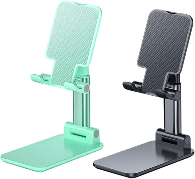2 Pcs MT-6 Cell Phone Holder, Adjustable Angle and Height, Anti-Slip Silicone Pad, Foldable and Portable, Compatible with 4-8 Inch Devices(Black+Green)