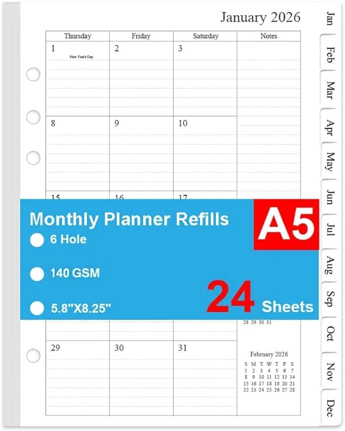 2026 Monthly Planner Refills, Two Pages Per Month,Jan 2026 to Dec 2026, A5 Size,5.8" x 8.25",6-Hole Punched,2026 planner inserts