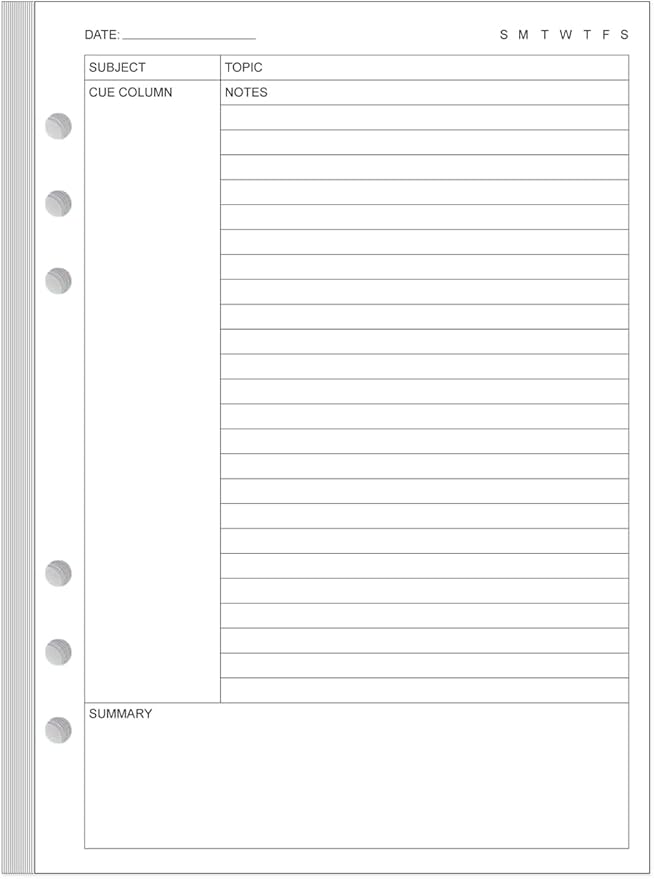 Cornell Notes Filler Paper for A5 Binder - 6 Hole Cornell Notes Refills Paper, 50 Sheets/100 Pages, 100gsm, White, 5.8'' x 8.5''