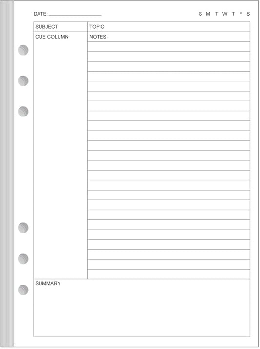 Cornell Notes Filler Paper for A5 Binder - 6 Hole Cornell Notes Refills Paper, 50 Sheets/100 Pages, 100gsm, White, 5.8'' x 8.5''
