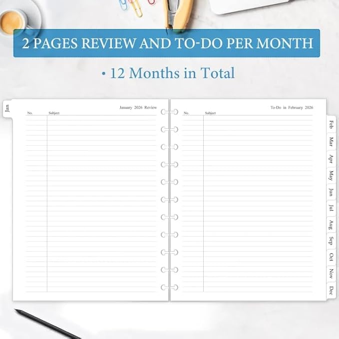 2026 Monthly Planner Refill, A4 Letter Size Planner Inserts for 11-Disc Discbound, 8.5"x11", Jan. 2026 - Dec. 2026, 12 Monthly Calendars with Laminated Tabs