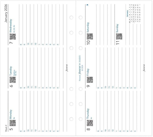 Filofax Calendar Diary Refill, Personal/Compact Size, Week-to-View with Appointments, Horizontal, White Paper, Ruled, English, 2026 (C68420-26)