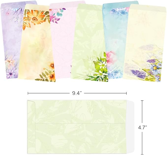 Paper Master Envelope Set 12 Packs Of Flora Letter Envelopes, Decorated Printer Stationery Paper Sets, With a Variety Of Designs And Automatic Aealing，9.7X4.7Inches