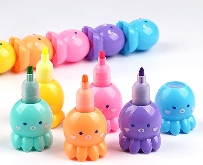 Set of 5 Octopus Color Highlighter Markers with 1 Blue Cap, Highlighter Pens for Office.