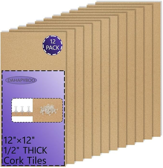 Cork Board 17"x8" Tiles Bulletin Board 12Pack, 1/2" Thick Self-Adhesive Cork Boards for Walls,Corkboards for Office Home School Message Board or Vision Board Decoration