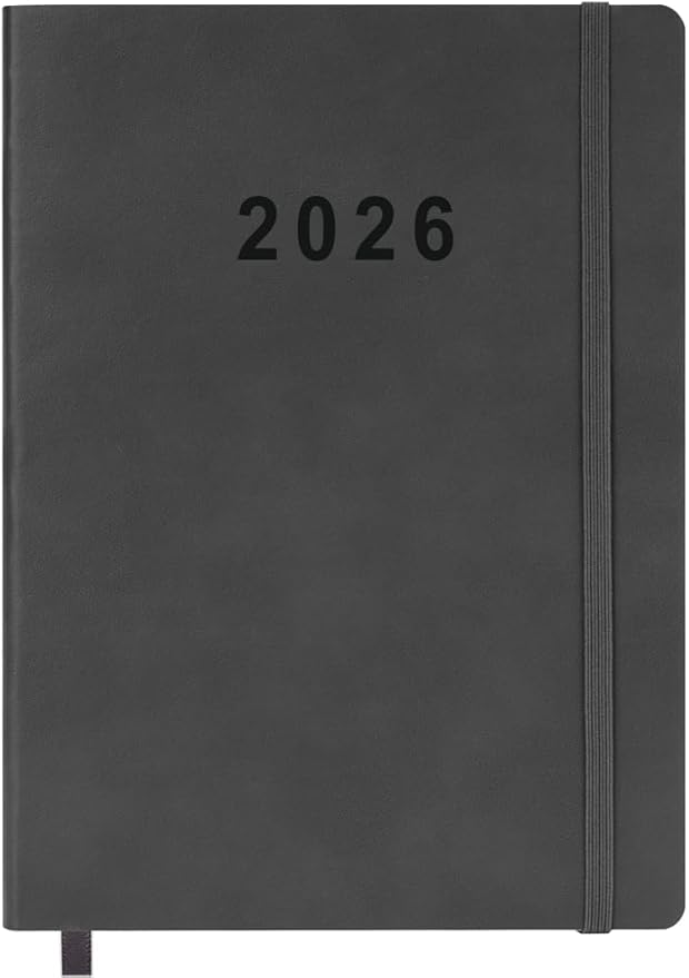 2026 Planner - Weekly and Monthly Planner, Jan 2026 - Dec 2026, Vegan Leather Cover, Elastic Closure, 7”x9.25”, Grey