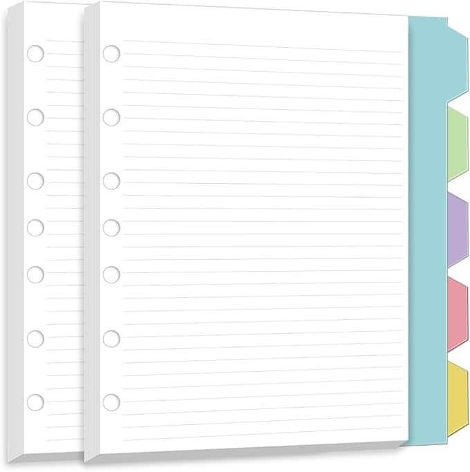A5 7 Hole Refill Paper,A5 Planner Inserts, Binder Inserts,100 Sheets 6mm Line Spacing Paper with 5 Colored Index Dividers, Narrow Ruled,6 Ring Loose Leaf for Planners, Binders,5.8"x8.3"