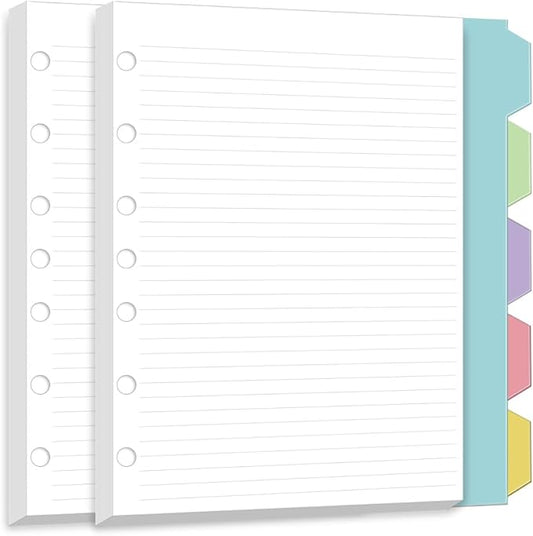 A5 7 Hole Refill Paper,A5 Planner Inserts, Binder Inserts,100 Sheets 6mm Line Spacing Paper with 5 Colored Index Dividers, Narrow Ruled,6 Ring Loose Leaf for Planners, Binders,5.8"x8.3"