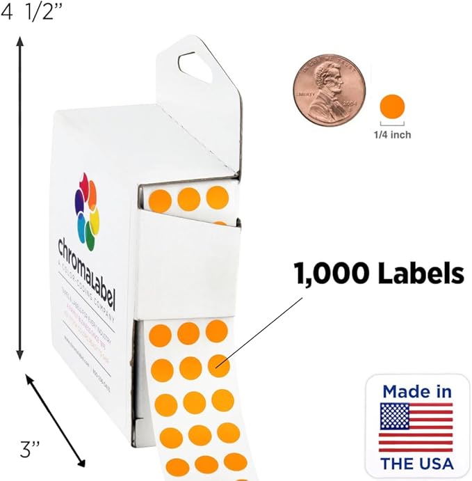 ChromaLabel 1/4 Inch Circle Sticker Labels, Easy to Write on Small Orange Dot Stickers with Handy Dispenser Box, Round Color Coding Labels - 1000 Sticky Dots, Orange Stickers - Case of 5
